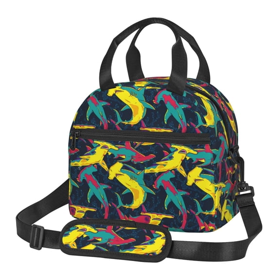 Xecao Colorful Sharks Print Insulated Lunch Box, Lunch Cags Lunch Bag Featuring An Adjustable Shoulder Strap