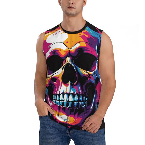 Xecao Colorful Skull Print Men's Tank Top: Sleek Sleeveless Tee for Casual Sports and Beach Occasions-Small