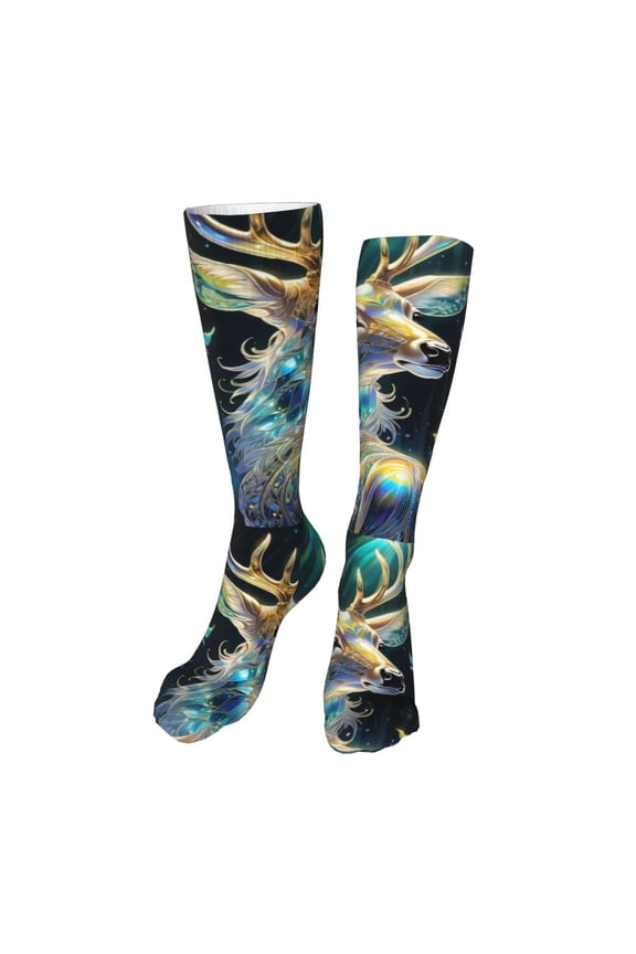 Colorful Stained Glass Deer Print Calf Socks Seamless Toe, Knee High Long Socks, Sports Socks Trouser Socks for Women and Men-One Size