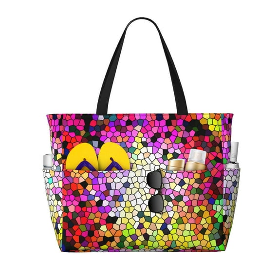 Xecao Colorful Tie Dye Stained Glass 3 for versatile beach bag for women includes zipper pockets and waterproof material, ideal for vacations and adventures.