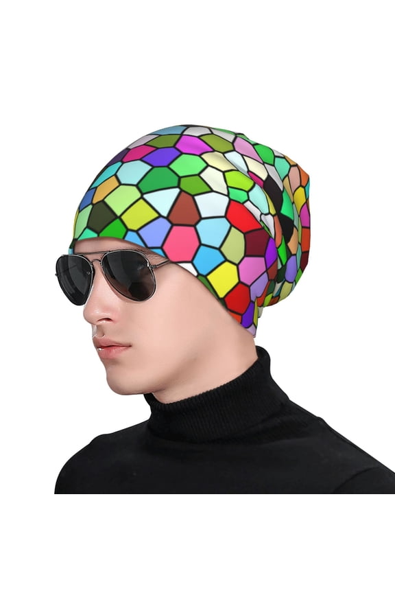 Colorful Tie Dye Stained Glass Print Beanie Knitted Hat for Men Women, Winter Fashion Knit Cuffed Caps Unisex