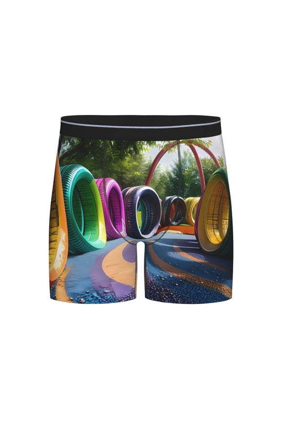 Colorful Tire Tunnel Park Print Boxer Briefs for Men's Stretch Moisture-Wicking Underwear, Mid-Rise Classics breathable fabric