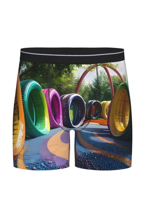 Colorful Tire Tunnel Park Print Boxer Briefs for Men's Stretch Moisture-Wicking Underwear, Mid-Rise Classics breathable fabric