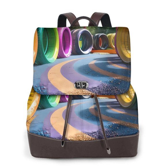 Xecao Colorful Tire Tunnel Park Print Large Backpack Soft Leather for Women Travel with Compartment, Adjustable Convertible Strap