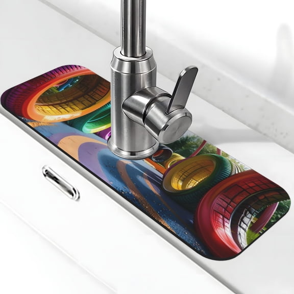Xecao Colorful Tire Tunnel Park for Kitchen Sink Splash Guard Faucet Mat , Faucet Guard & Draining mat, (15" X 5.5" )
