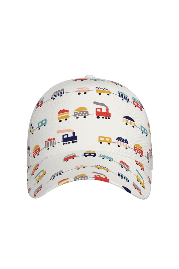 Colorful Trains for Baseball Cap: Unisex, crafted from classic polyester twill fabric, featuring a soft unconstructed design