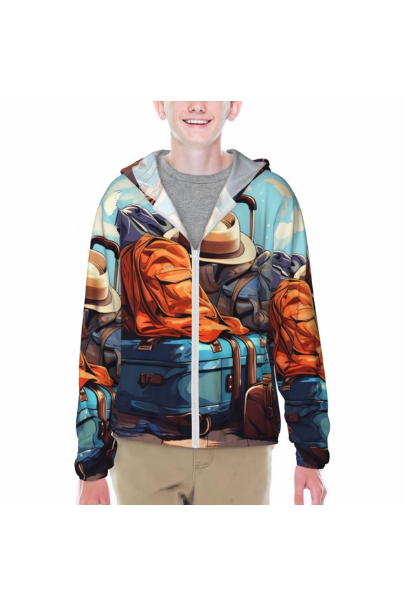 Colorful Travel Luggage Gear Print Fishing Shirts for teenager Long Sleeve UV Sun Protection Hoodie with Zipper Outdoor Hiking Shirts-X-Large
