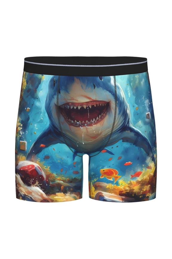 Colorful Underwater Shark Print Boxer Briefs for Men's Stretch Moisture-Wicking Underwear, Mid-Rise Classics breathable fabric