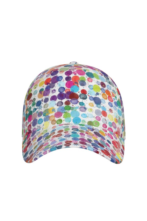 Colorful Watercolor Dots for Baseball Cap: Unisex, crafted from classic polyester twill fabric, featuring a soft unconstructed design