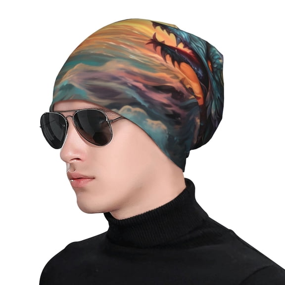 Xecao Colorful Wave Dragon Head Print Beanie Knitted Hat for Men Women, Winter Fashion Knit Cuffed Caps Unisex