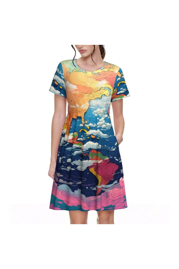 Colorful Whimsical Earth for Women Summer Short Sleeve Midi Dress with Pockets Casual Aline Flowy Tshirt Dress Vocation Beach Sundress