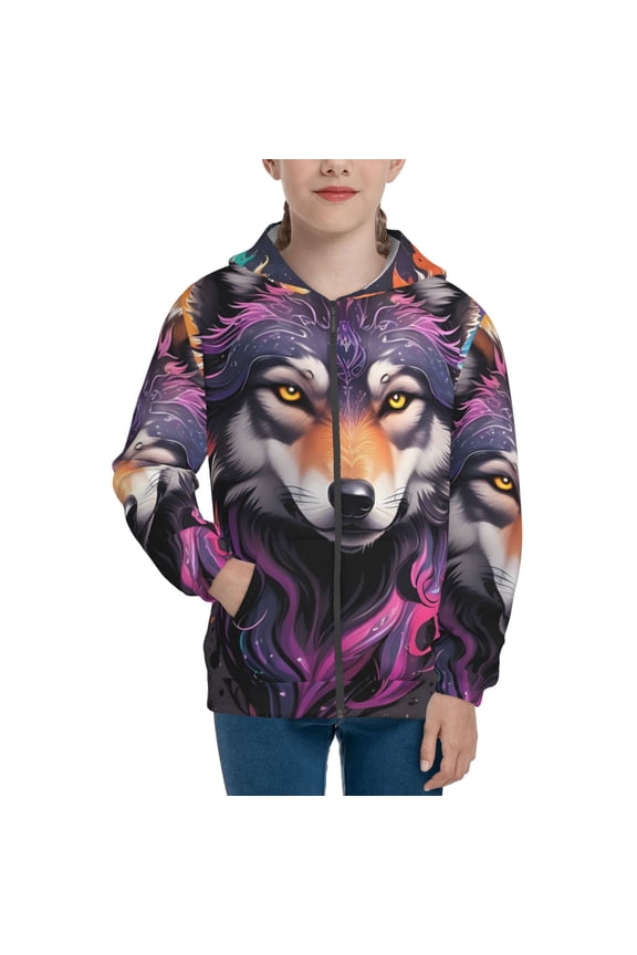 Colorful Wolf Head A Pattern Zip Up Hoodies for Boys Girls, Sweatshirt with Pockets-Medium
