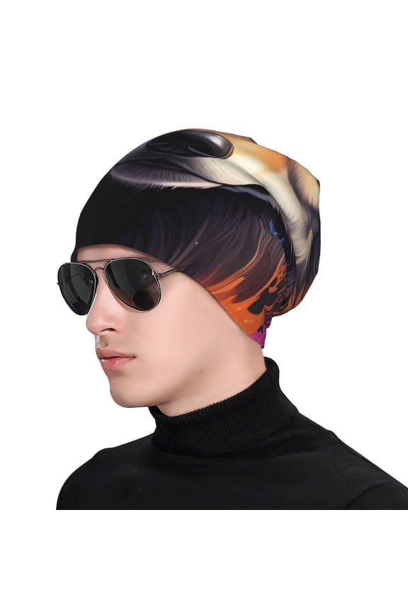 Colorful Wolf Head Print Beanie Knitted Hat for Men Women, Winter Fashion Knit Cuffed Caps Unisex