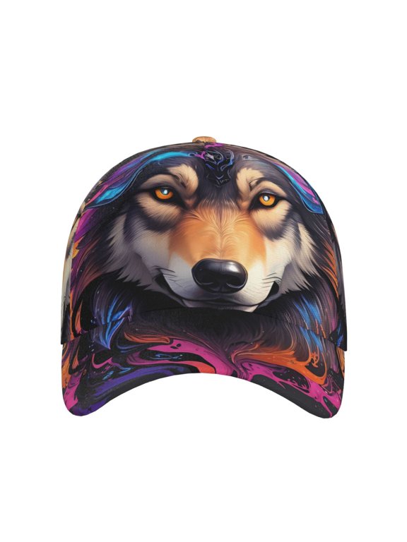 Colorful Wolf Head for Baseball Cap: Unisex, crafted from classic polyester twill fabric, featuring a soft unconstructed design