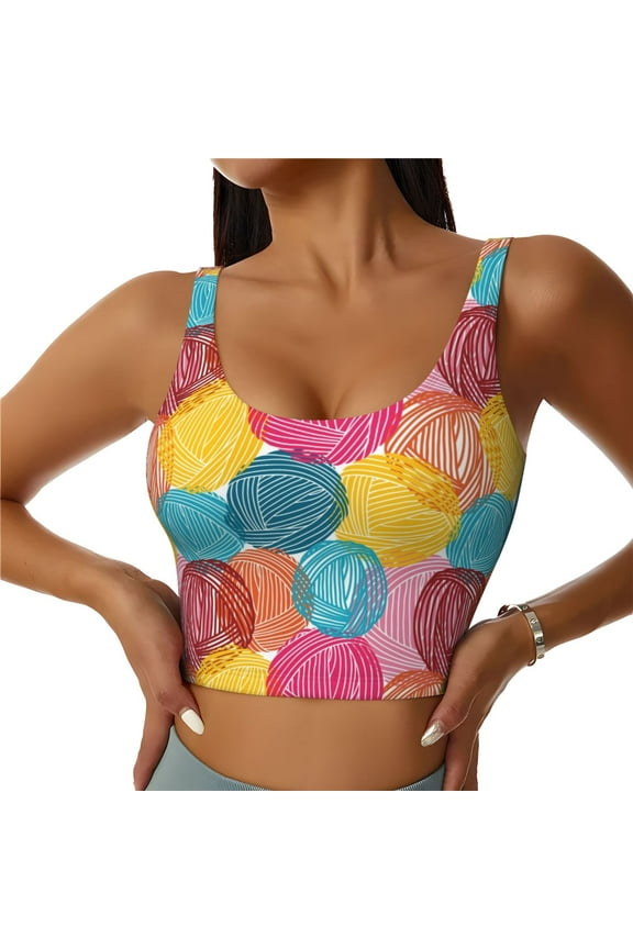 Colorful Wool Balls for Sports Bra with Removable Pads, Crop Tank Top Design, Women's Longline Sports Bra - Non-Wired - XX-Large