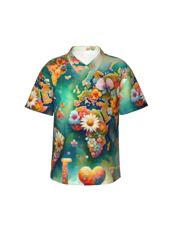Colorful World Map Print Hawaiian shirt - A Stylish Short-Sleeve Button-Down for Men, Perfect for Casual Beach and Tropical Outings.,XX-Large