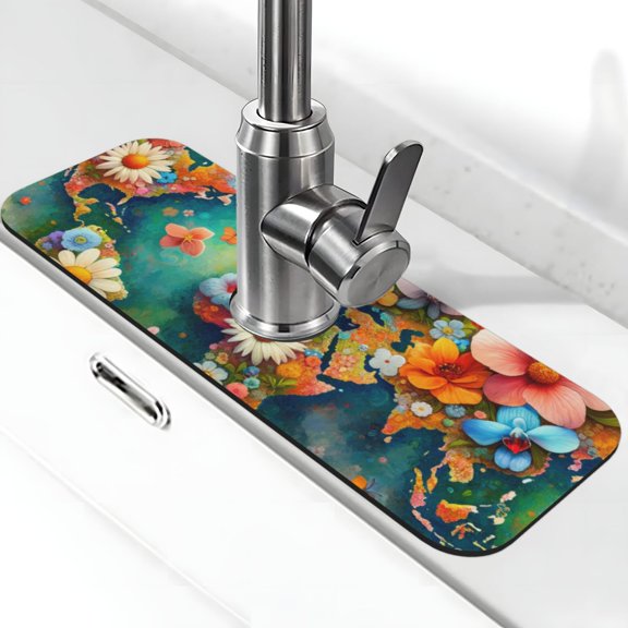 Xecao Colorful World Map for Kitchen Sink Splash Guard Faucet Mat , Faucet Guard & Draining mat, (15" X 5.5" )