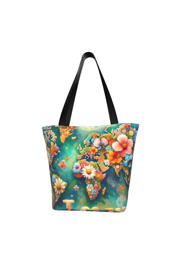 Colorful World Map for Tote Bag for Women -Tote Shoulder Bag with A Little Pocket Inside, Perfect for Travel and Work.