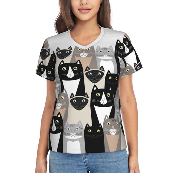 Xecao Colors Cats for Women's V-Neck T-Shirts-Elegant Half-Sleeve Tops Perfect for Summer-Small