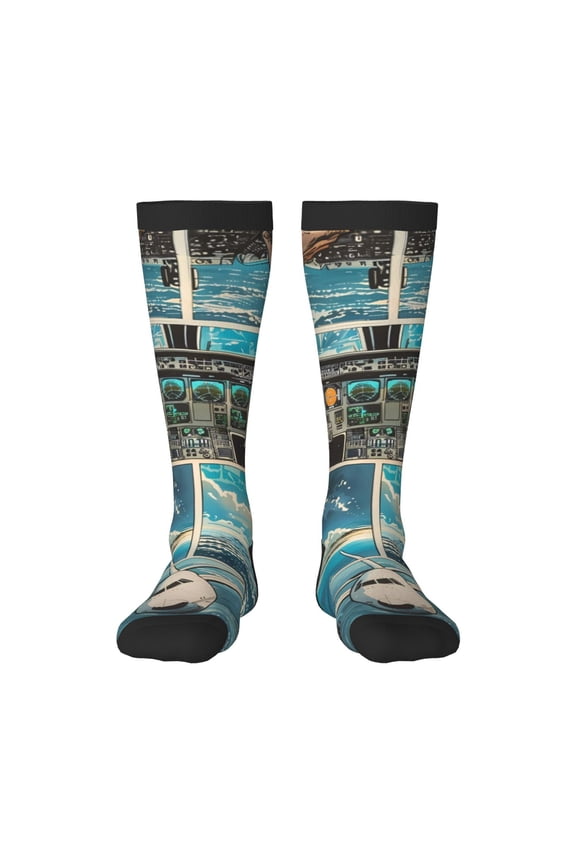 Comic Airplane Cockpit Illustration Print Compression Socks for Both Men And Women for Running, Travel, Flight, Nurse