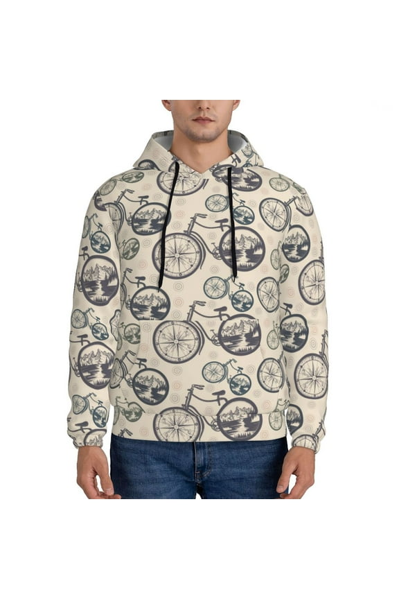 Compass And Mountains In Bicycle Wheels Pattern Men's Adult Pullover Hoodie,Hooded Sweatshirt-Medium