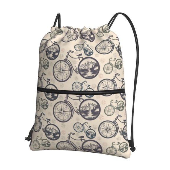 Xecao Compass And Mountains In Bicycle Wheels for Drawstring Bags,Pull String Backpack Bags,String Bag Sackpack