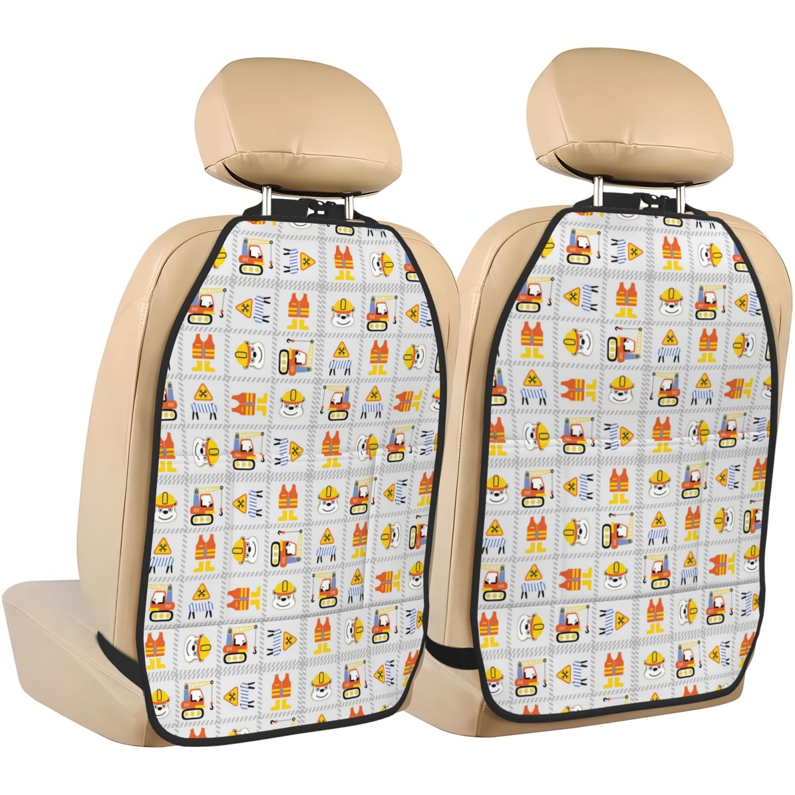Xecao Construction Equipments Worker Pattern Car Seat Back Protector 2 Pack Large Capacity Pocket, Kick Mats Back Seat Protector