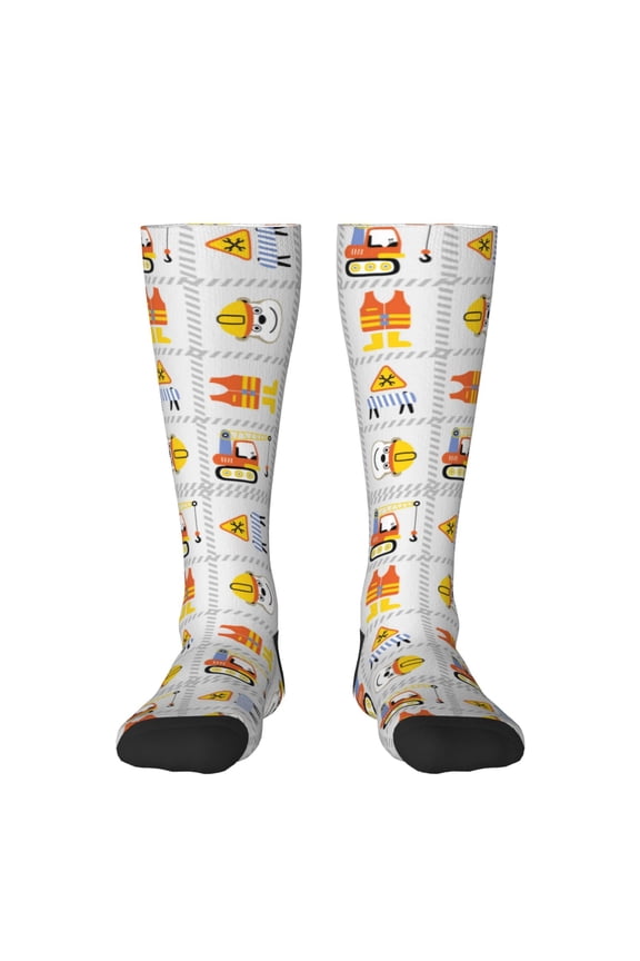 Construction Equipments Worker print thigh-high socks, crafted for both men and women with a stretchy, high-opaque design perfect for daily wear