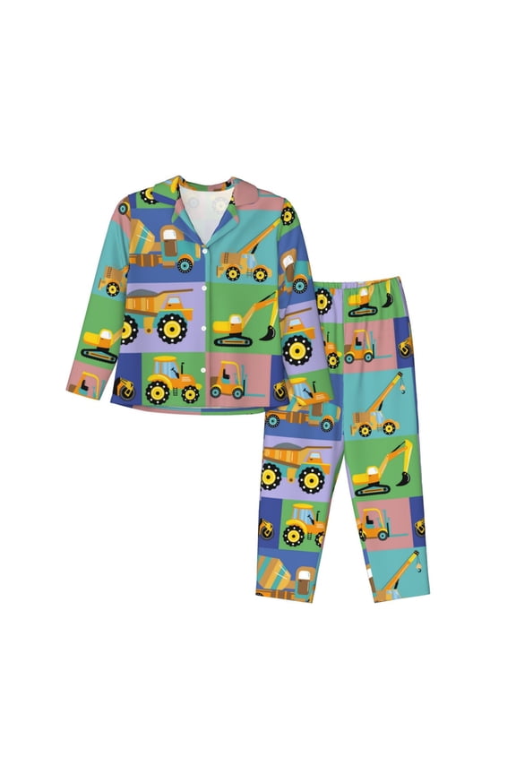 Construction Machinery Print Women Pajamas Set Soft Sleepwear Pjs long Sleeve Button Down Nightwear with Long Pants