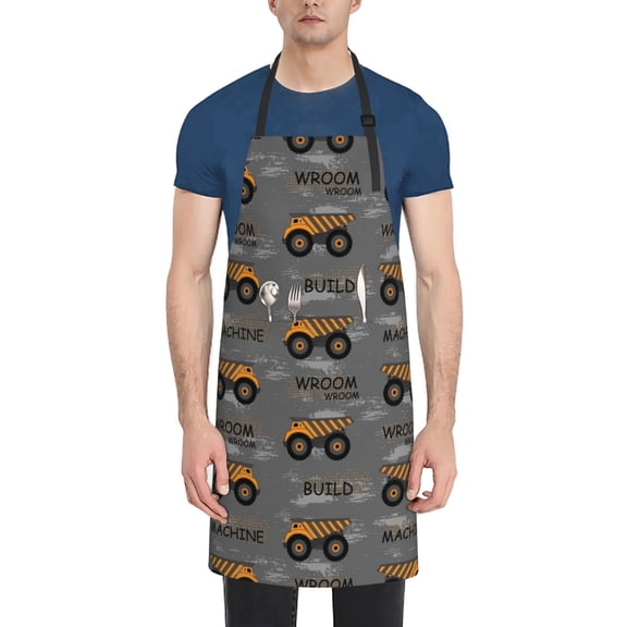 Xecao Construction Machines Print Kitchen Cooking Aprons, Waterproof Adjustable Bib Aprons with 2 Pockets for Women Men Chef