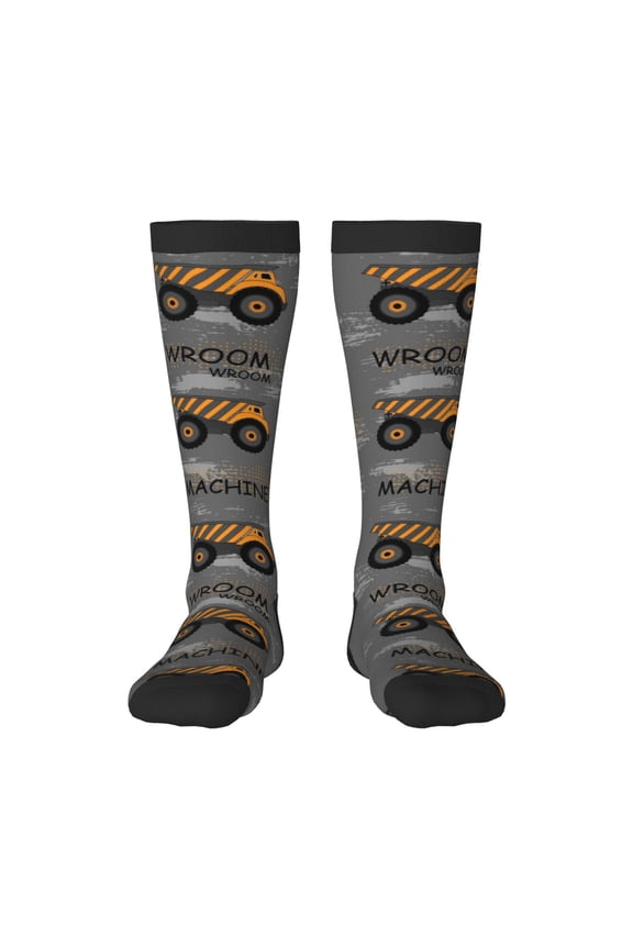 Construction Machines print thigh-high socks, crafted for both men and women with a stretchy, high-opaque design perfect for daily wear
