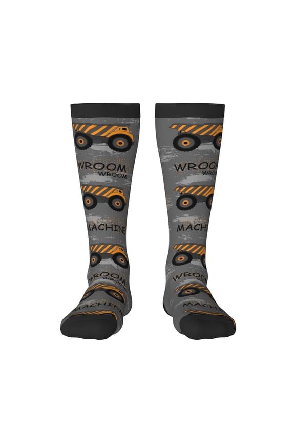 Construction Machines print thigh-high socks, crafted for both men and women with a stretchy, high-opaque design perfect for daily wear