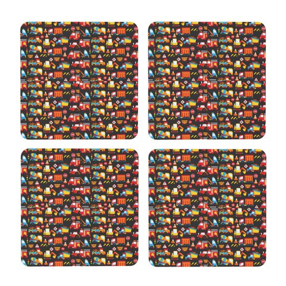 Xecao Construction Truck for MDF Cork Coaster 4 Pcs,Drink Coasters,Suit for House Warming Gifts New Home ,Coffee Table Decor-Square