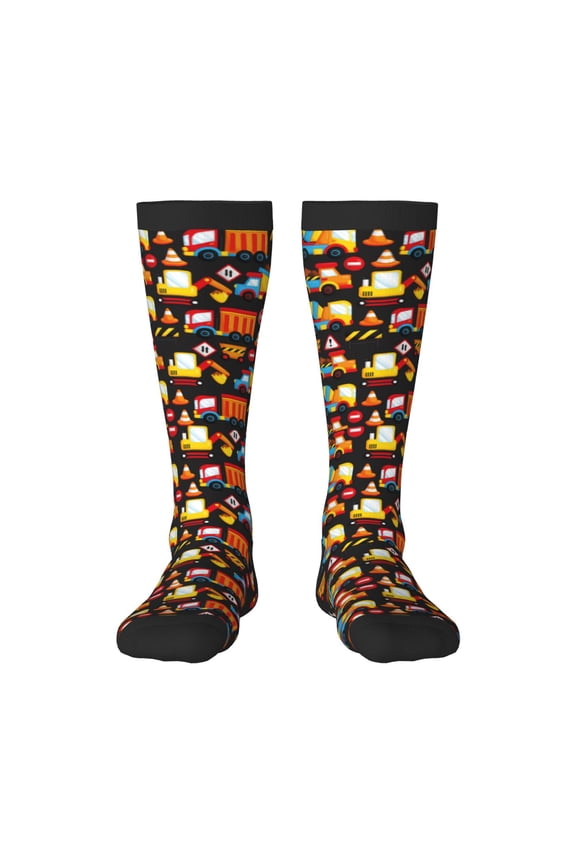 Construction Truck print thigh-high socks, crafted for both men and women with a stretchy, high-opaque design perfect for daily wear