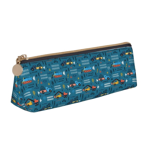 Xecao Construction Trucks Print Leather Pencil Case -Stationery Bag Pen Holder for Work & Office