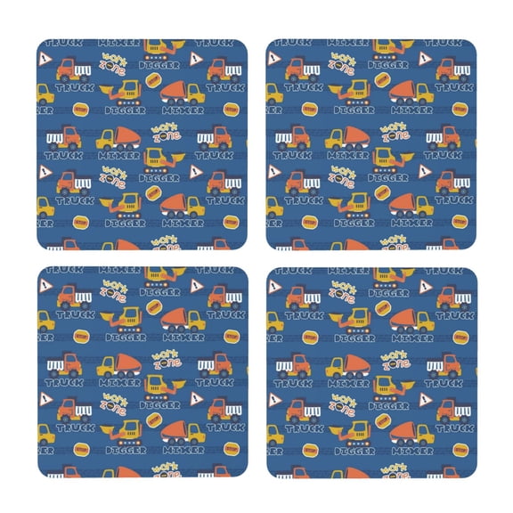 Xecao Construction Vehicles for MDF Cork Coaster 4 Pcs,Drink Coasters,Suit for House Warming Gifts New Home ,Coffee Table Decor-Square