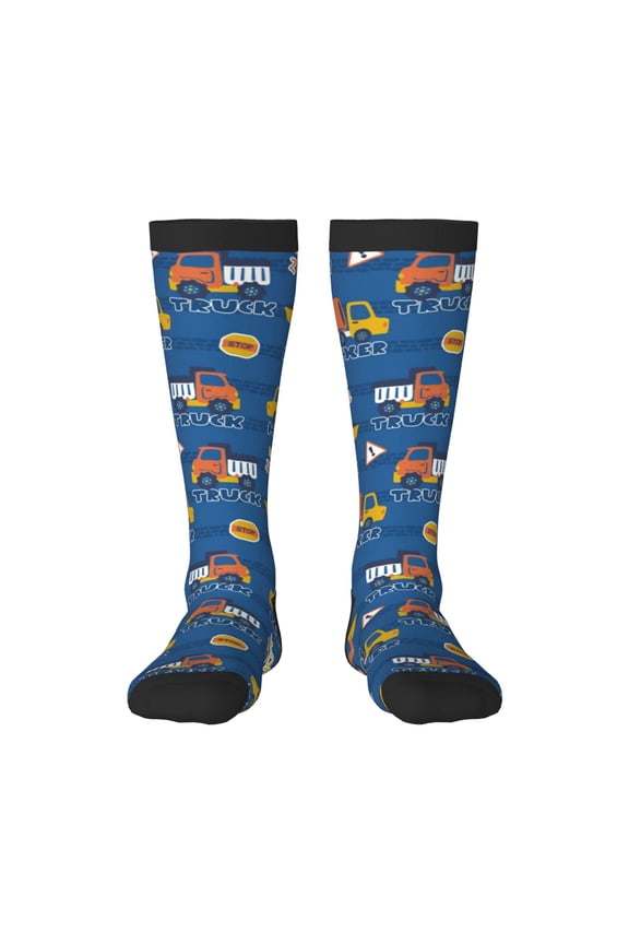 Construction Vehicles print thigh-high socks, crafted for both men and women with a stretchy, high-opaque design perfect for daily wear