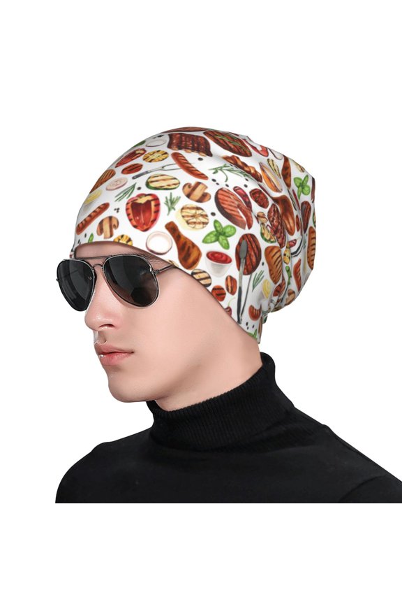 Cooking Bbq Print Beanie Knitted Hat for Men Women, Winter Fashion Knit Cuffed Caps Unisex