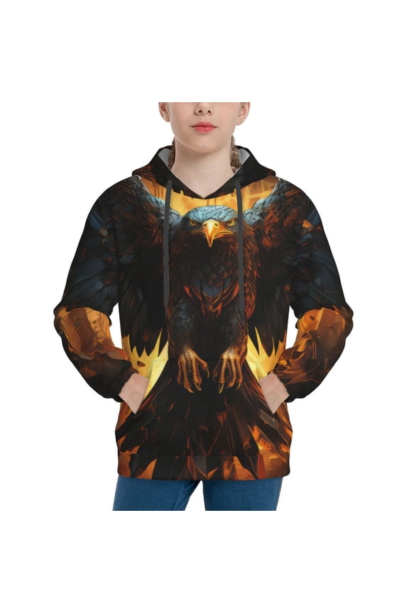 Cool Black Eagle Print Youth Hoodie Sweatshirt,Boys Hoodies,Essentials Hoodie-Small
