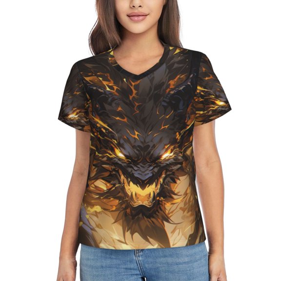 Xecao Cool Black Gold Dragon for Women's V-Neck T-Shirts-Elegant Half-Sleeve Tops Perfect for Summer-Medium