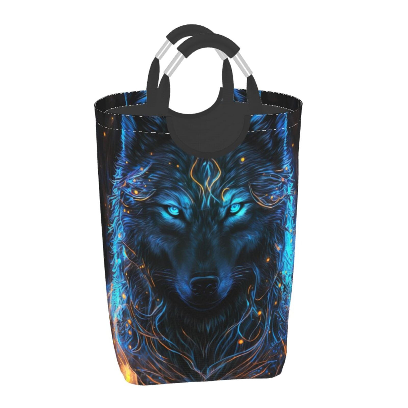 Xecao Cool Blue Light Wolf for Laundry Basket,Collapsible Large Laundry Hamper,Wash Bag for Laundry Room, Rolling Laundry Basket with Handles