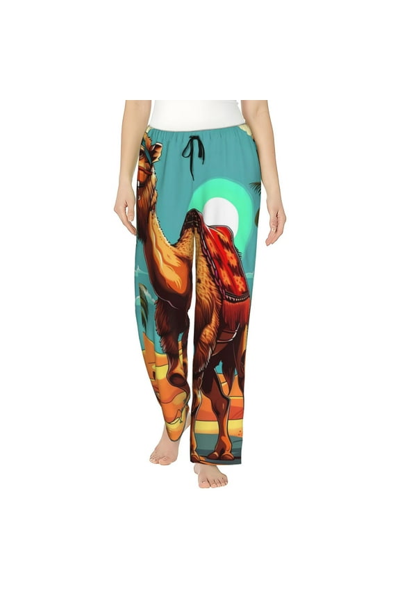 Cool Camel Oasis Vibes Print Women's Straight Lounge Pajama Pants,The Epitome of Relaxed Sleepwear-Large