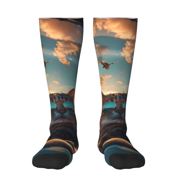 Xecao Cool Cat Driving Sunset Print Compression Socks for Both Men And Women for Running, Travel, Flight, Nurse