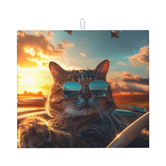 Xecao Cool Cat Driving Sunset Print Dish Drying Mat for Kitchen Counter,Absorbent Coffee Bar Mat, Dish Drainer Rack Mats,Dining Room Decoration