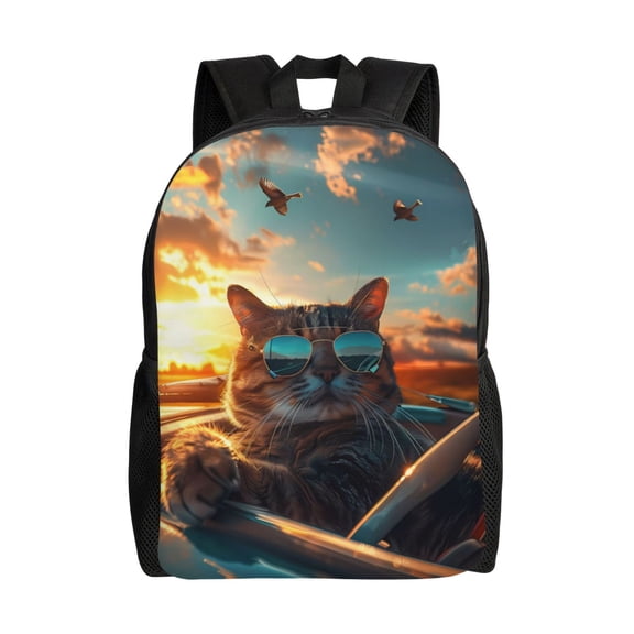 Xecao Cool Cat Driving Sunset Print School Backpack with Laptop Compartment Small Travel Laptop Backpack for Women Men Waterproof College Backpack Simple School Bag