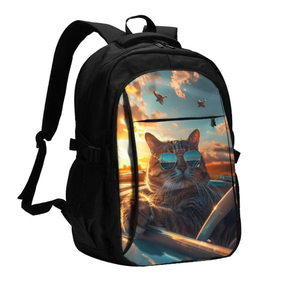 Xecao Cool Cat Driving Sunset for Travel Laptop Backpack, USB-Charging-Enabled, Spacious Business Backpack for Men and Women,College School Computer Bag