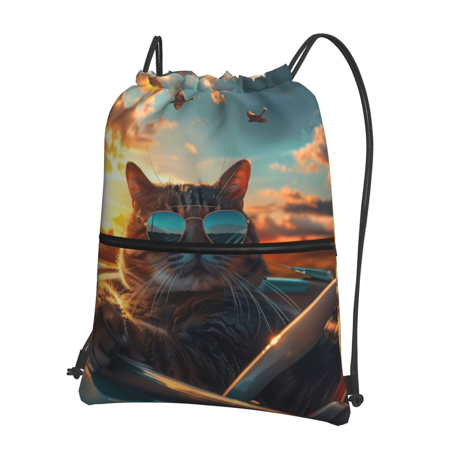 Xecao Cool Cat Driving Sunset for Drawstring Bags,Pull String Backpack Bags,String Bag Sackpack