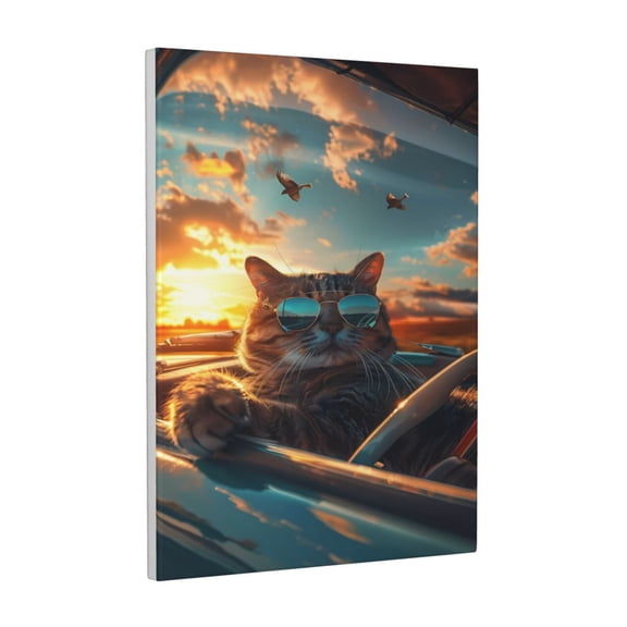 Xecao Cool Cat Driving Sunset for Ready-to-Hang Canvas Art 12x16 Inches - Waterproof HD Print Solid Wood Frame for Gifting,Vertical