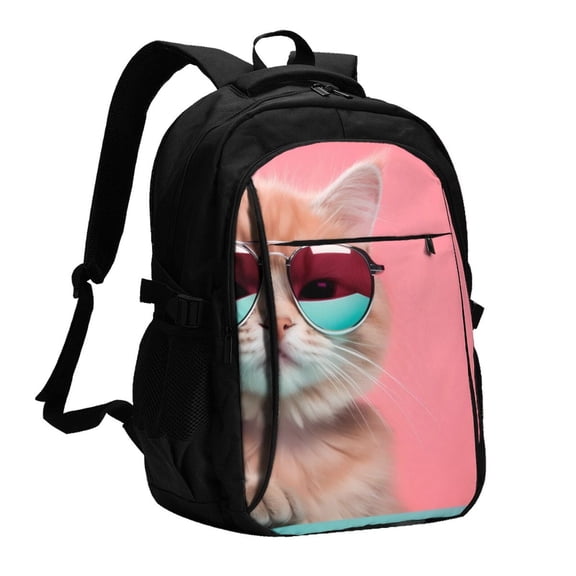 Xecao Cool Cat Pink Sunglasses for Travel Laptop Backpack, USB-Charging-Enabled, Spacious Business Backpack for Men and Women,College School Computer Bag