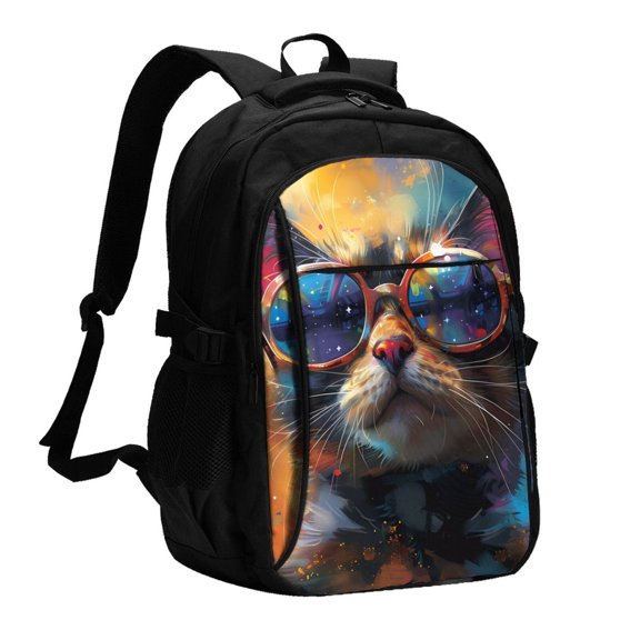 Xecao Cool Cat With Sunglasses for Travel Laptop Backpack, USB-Charging-Enabled, Spacious Business Backpack for Men and Women,College School Computer Bag